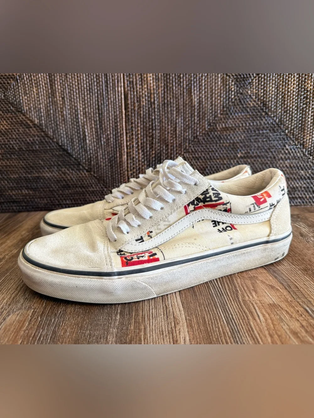 Vans White Canvas Low-Top Sneakers with Red & Black Graphic Accents